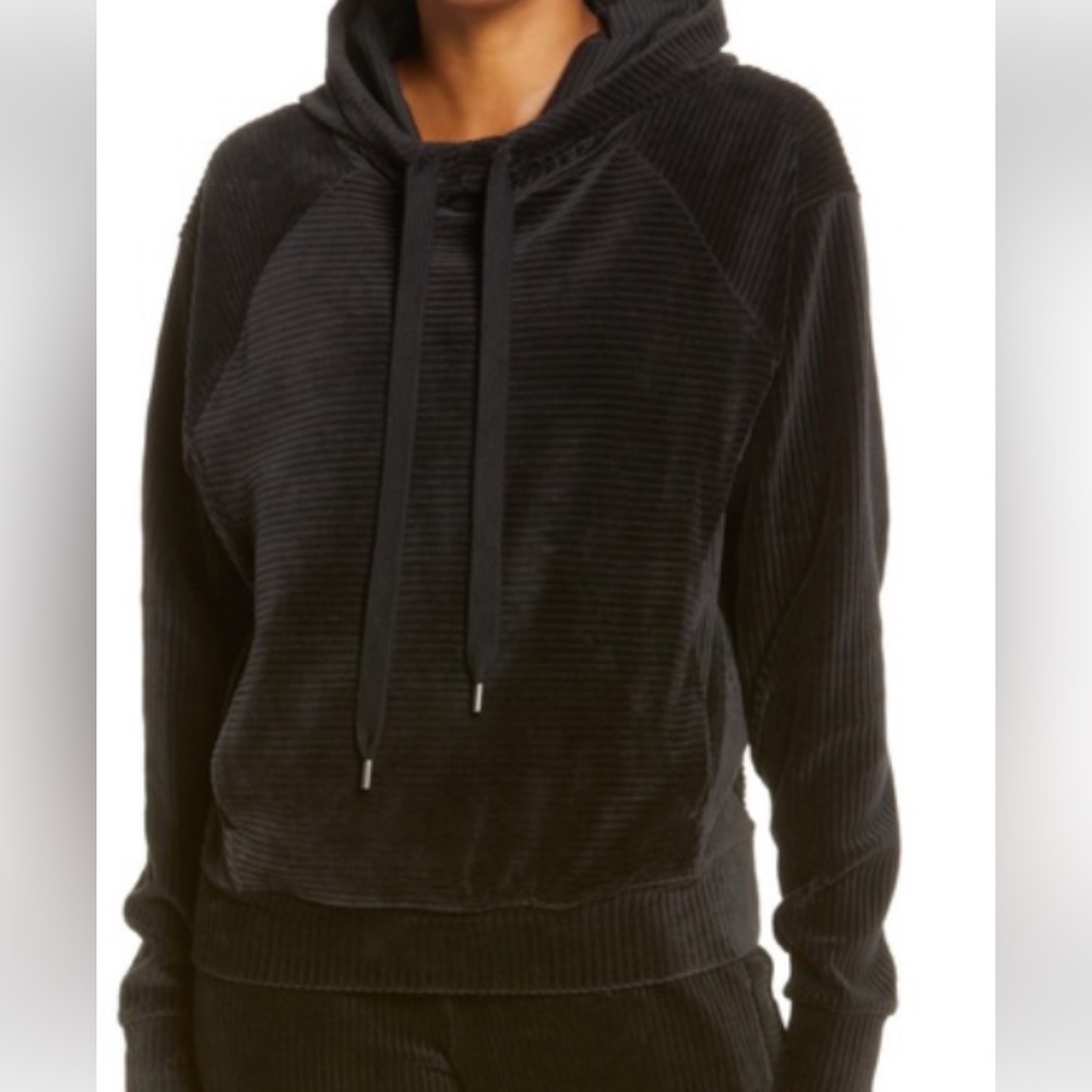 Zella Plush Corduroy Velour Ribbed Hoodie Sweatshirt Black Sz S